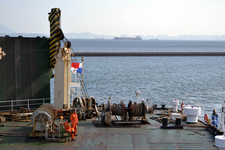 Crews in the ship talking with each other. Pic was taken during the sailing from Korea to Chinaのeditorial素材