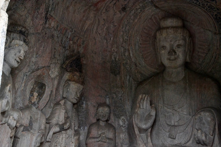 The holes (with Buddha statue inside) -which is more than thousands- around Longmen Grottoes on the hill. Pic was taken in September 2017の写真素材
