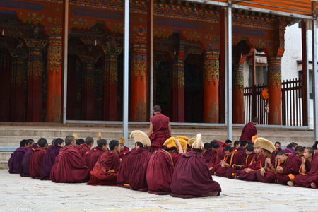 The life around Kirti Gompa Monastery in Langmusi, Amdo Tibet, China. Monks are everywhere, as this...