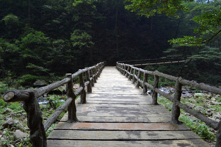 Bridge and rope around the park trail in Wulingyuan scenic area. Greenies everywhere and river along the path! Pic was taken in Zhangjiajie, September 2017の写真素材