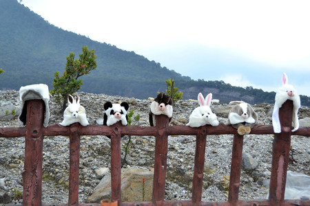 People selling some souvenirs around Tangkuban Perahu. This one sells cute hat. Pic was taken in November 2015.の写真素材