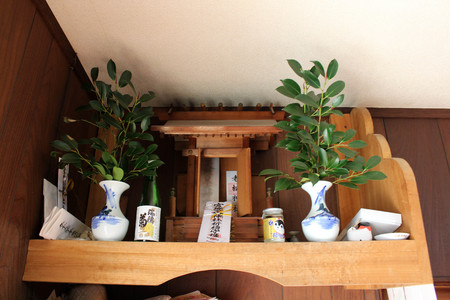 A wooden-Japanese Shinto altar for worship. Translation: "Kamisama" is the name for God.のeditorial素材