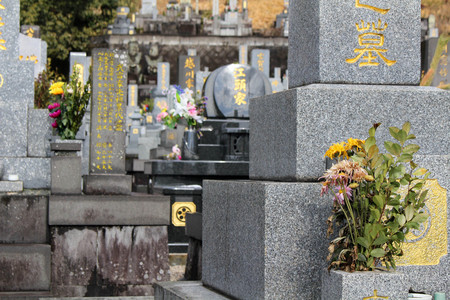 "Japanese cemetery" around Hizen-Yamaguchi station, Japan. Big statue behind.のeditorial素材