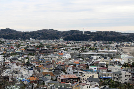 Translation: Lookout view of Kamakura city, from Hase-dera or Hase-Kannon Temple. Taken in Kanagawa, Japan - February 2018.のeditorial素材