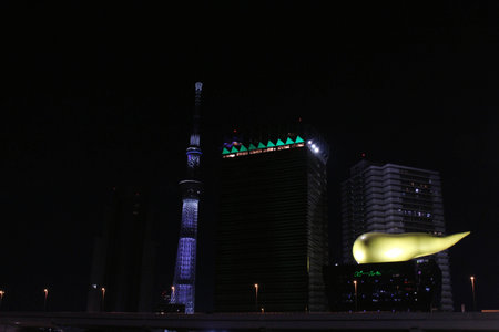 Tokyo Skytree between buildings during cloudy day, tallest structure in Japan. Often mistaken as...