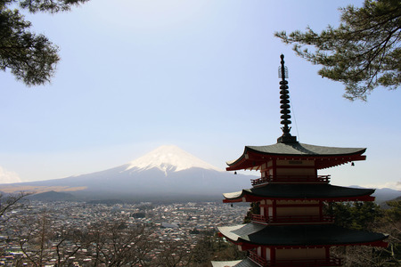 Mount Fuji as seen from Chureito Pagoda. When religion meets nature. Taken in Yamanashi, Japan - February 2018.のeditorial素材