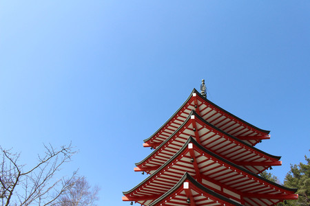 The shrine and temple around Chureito Pagoda. When religion meets nature. Taken in Yamanashi, Japan - February 2018.のeditorial素材