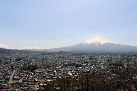 The lookout view of Fujiyoshida city from Chureito. Taken in Yamanashi, Japan - February 2018.のeditorial素材