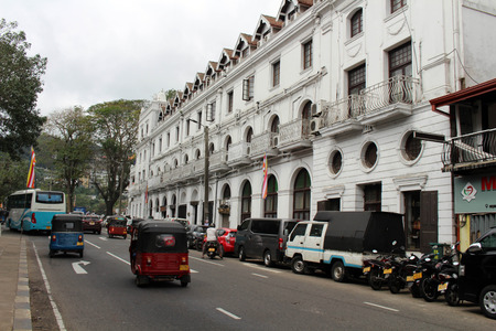 Colonial buildings and vehicles around Kandy main road. Taken in Sri Lanka, August 2018のeditorial素材