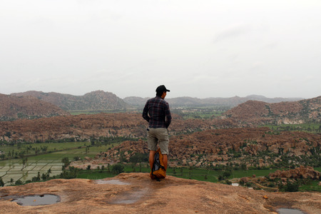 The landscape view or scenery of Hampi, viewed from Anjana mountain (Hanuman Temple) in Anegundi. Taken in India, August 2018.のeditorial素材