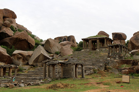 A temple on the foothill of Matanga Hill. There's another temple on top of it. Taken in Hampi, India, August 2018.のeditorial素材