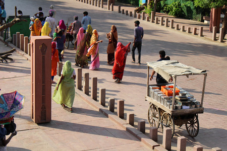 Local people having a festival (or something) around the street on the way to Taj Mahal in Agra. Taken in India, August 2018.のeditorial素材