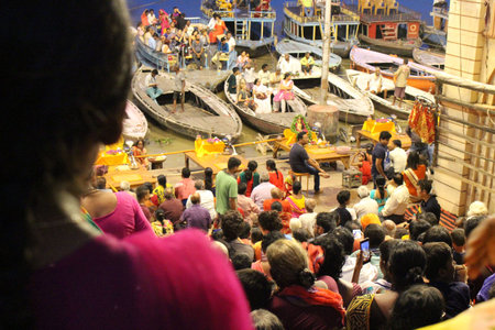 The famous fire ritual and procession in Varanasi, attracting tourists and locals. Taken in India,...