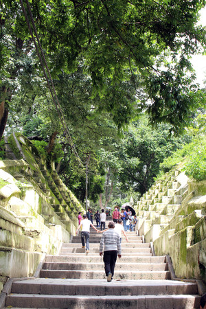 Stairs, going up from the Pashupatinath Temple in Kathmandu. Taken in Nepal, August 2018.のeditorial素材