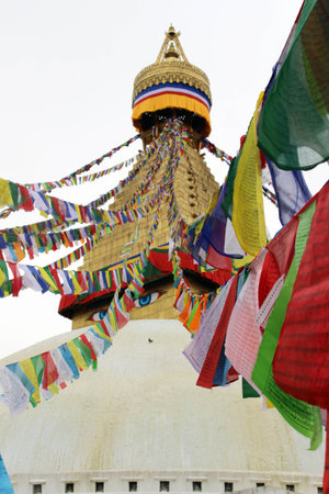 The colorful prayer flags of Boudhanath Stupa in Kathmandu. Taken in Nepal, August 2018.
