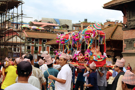 Local Nepali people are having a festival around Patan Durbar Square. Taken in Nepal, August 2018.のeditorial素材