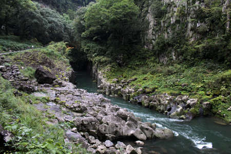 Turquoise river around Takachiho Gorge in Miyazaki.  Taken in August 2019.の写真素材