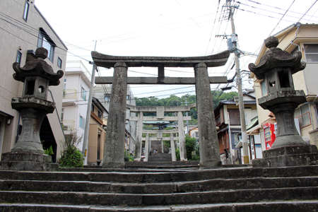 Entering the entrance gate of Suwa Shrine of Nagasaki from the main street. Taken in August 2019.のeditorial素材