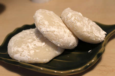 Closeup view on three buns of Japanese plain mochiの写真素材