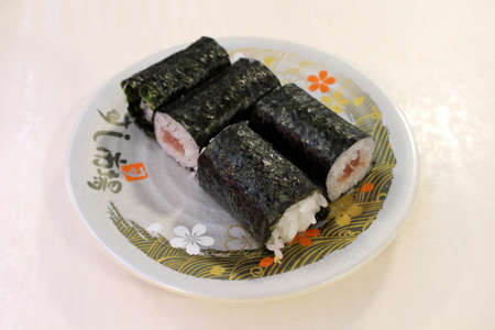 Plate of couple of norimaki sushi in Nobeoka, Miyazaki, Japan.の写真素材