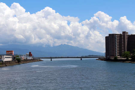 Shoulder of Sakurajima of Kagoshima, view from the street and bridge. Taken in August 2019.のeditorial素材