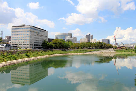 City of Okayama taken from the lake of Korakuen Garden. Taken in September 2019.のeditorial素材