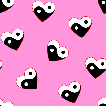 Horizontal yin yang hearts on pink background seamless patternのイラスト素材