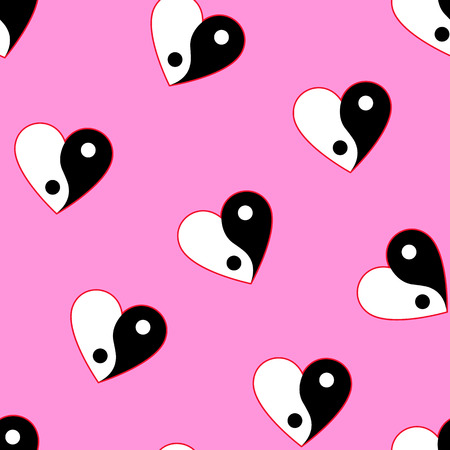 Vertical yin yang hearts on pink background seamless patternのイラスト素材