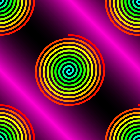 Abstract gradient red to blue spirals on pink black background seamless patternのイラスト素材