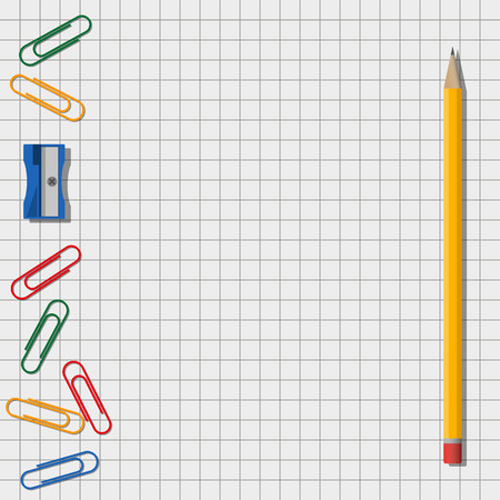 Pencil, sharpener and clips on checkered backgroundのイラスト素材