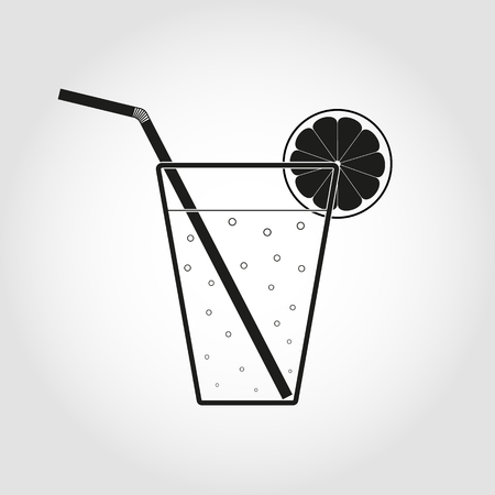 Black glass of lemonade with straw and lemon slice. Flat icon.のイラスト素材