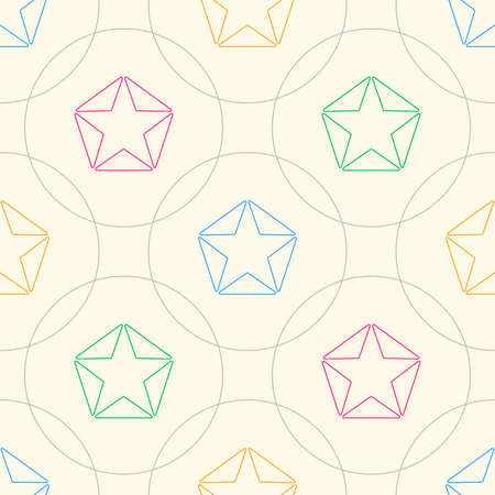 Colored stars of lined triangles and grey circles. Seamless pattern.のイラスト素材