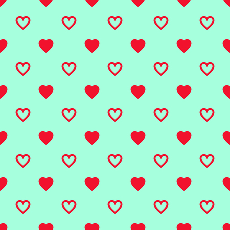 Solid and lined red hearts mixed on blue background. Seamless pattern.のイラスト素材