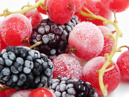 Frozen red currant and mulberry macro photo.の写真素材