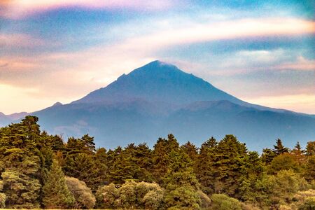 Scene from the Iztaczihuatl and Popocatepetl volcano. On a sunset.の写真素材