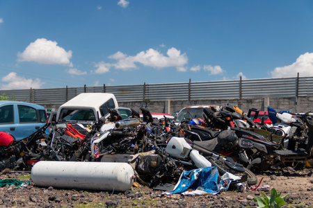 Old damaged cars on the junkyard waiting for recycling in Mexico City. Mexicoのeditorial素材