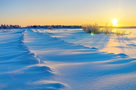 Frosty morning with snow swept road  After overnight storms の写真素材