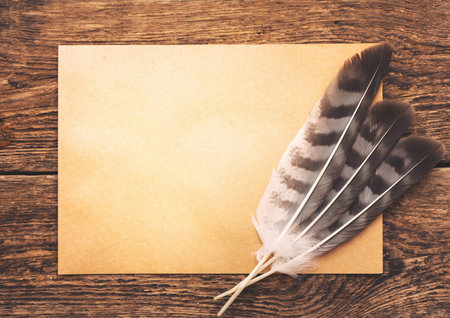 Paper with feather on the background of an old wooden tableの写真素材
