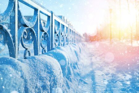 Winter landscape. Winter urban landscape with snow-covered pavementの写真素材
