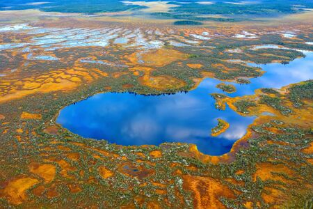 Autumn landscape. West Siberian Plain. Aerial view. Endless forests and swamps of Siberia.の写真素材