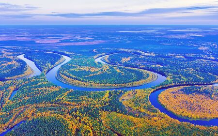 Aerial photography of landscape in Western Siberia. Agan River, tributary of Ob River. Autumn landscapeの写真素材