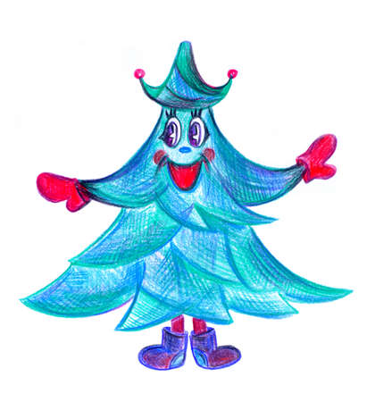 Humorous spruce drawing isolated on white background. Drawing of Christmas tree with a cheerful face.の写真素材