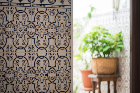 Azulejos Portuguese exterior wall tiles in Tavira, Portugal. Traditional decorative azulejos wall...