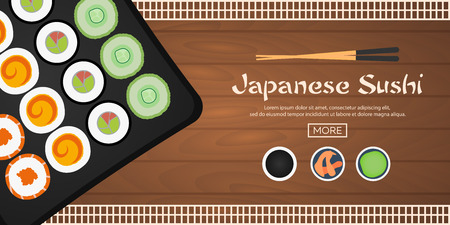 Banner. Sushi rolls set, sushi time. Chopsticks holding sushi roll, sushi restaurant, flat style trend modern. Sushi dayのイラスト素材