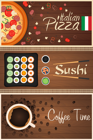 Set Banners. Pizza, Sushi and Coffee.のイラスト素材