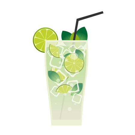 Mojito. Fresh mojito with lime and green mint leaves in stylized glass.のイラスト素材