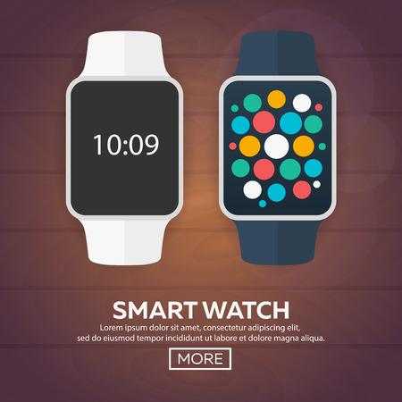 Smart watch isolated on white. Stainless silver smart watch. Vector smart watch with watch app. Smart watch stainless reflected on white surface. Watch icon on smart watch screen. Smart watch faceのイラスト素材