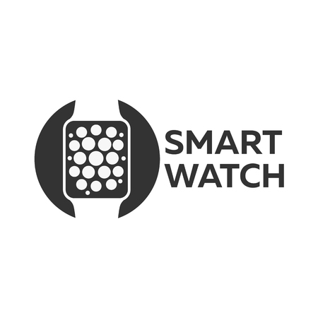 Smart watch isolated on white. Stainless silver smart watch. Vector smart watch with watch app. Smart watch stainless reflected on white surface. Watch icon on smart watch screen.のイラスト素材