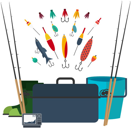 Fishing set of accessories for spinning fishing with crankbait lures and twisters and soft plastic bait fishing floatのイラスト素材