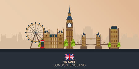 Trip to London. Vacation. Road trip. Tourism. Journey. Travelling illustration London city. Modern flat design. Big Ban. England. London skylineのイラスト素材